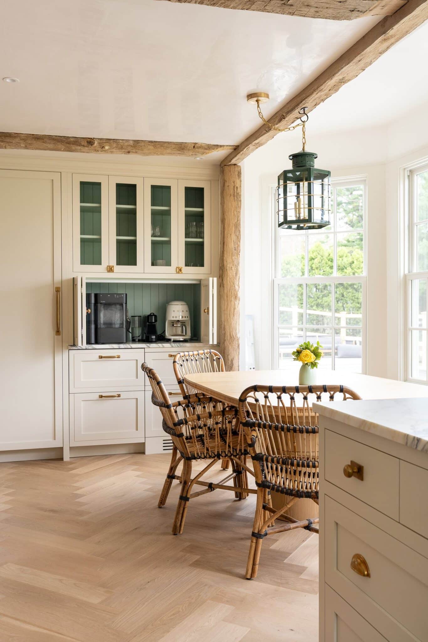 Newton Kitchens - Summer Street kitchen coffee bar with green glass-front cabinets and breakfast nook